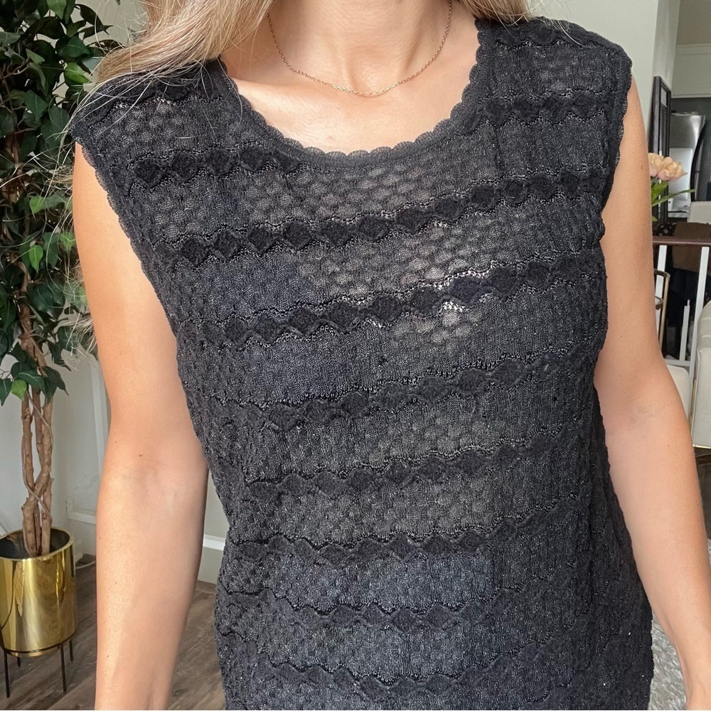 Escada Margaretha Ley Black Sheer Short Sleeve Velvety Top Blouse Scoop Neck L - Picture 4 of 12